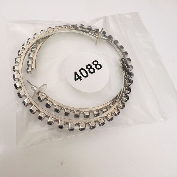 Huge Open Hoop Earrings Silver Tone Black Rhinestones Elegant Fancy 4088 - Picture 11 of 11